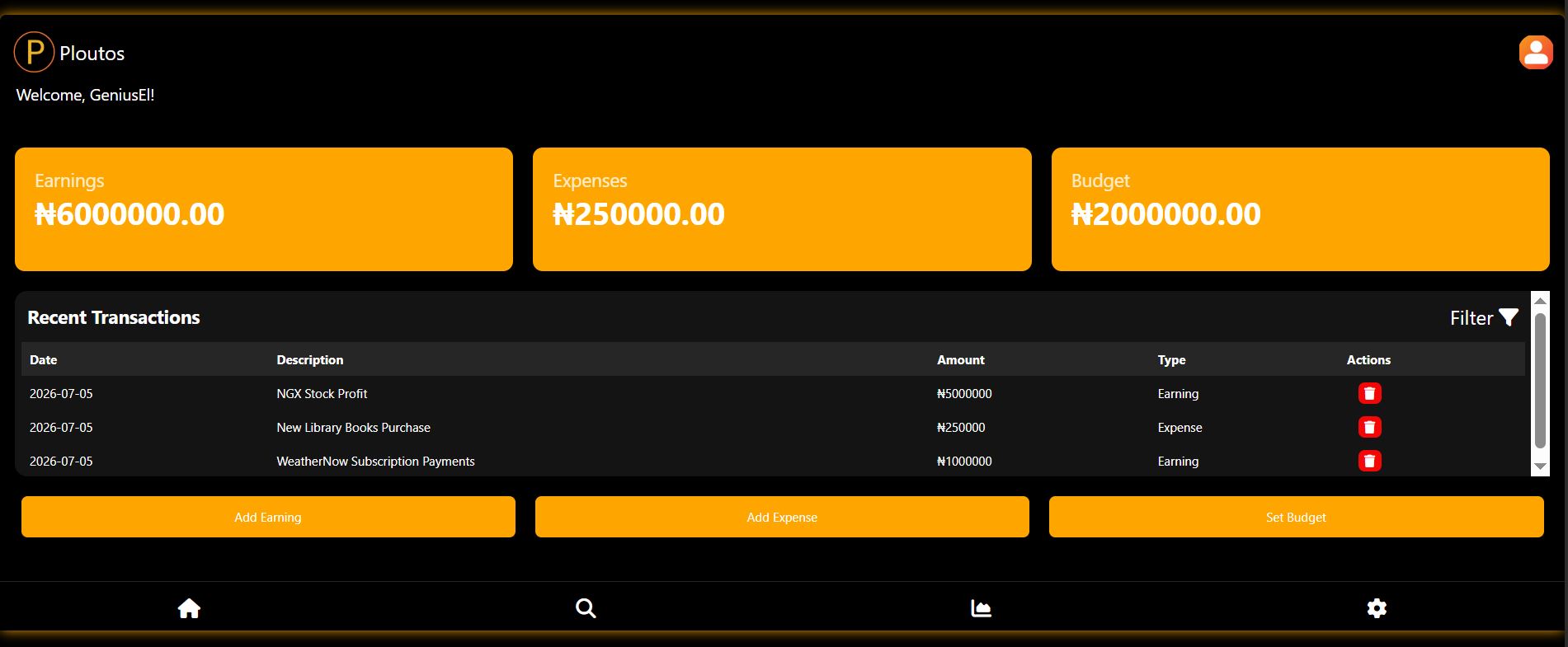 Ploutos personal finance dashboard displayed inside a MacBook mockup.