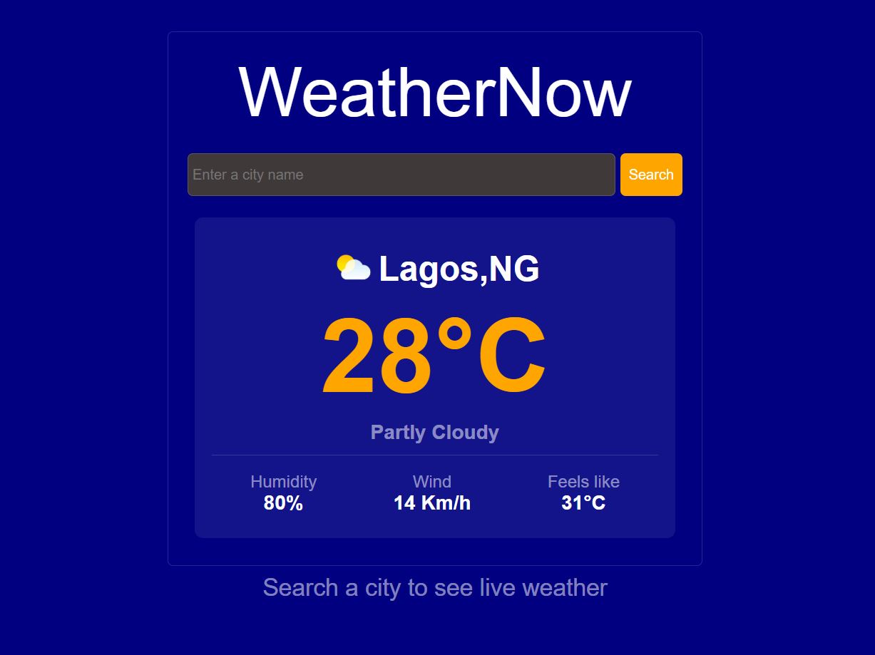 WeatherNow weather application displayed inside a laptop mockup.